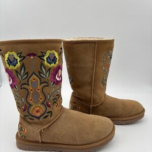 Y2K UGG Boots Juliette Floral Embroidered Chestnut Suede Winter Lined Size US 7